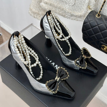 CC High Heels 80MM Grey Black Bow Quilted Calfskin