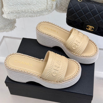 Thick Sole Wedge Slippers In Bisque Beige Calfskin