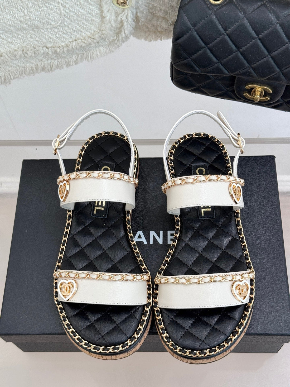 Flat Chain Heart Sandal In White Lambskin
