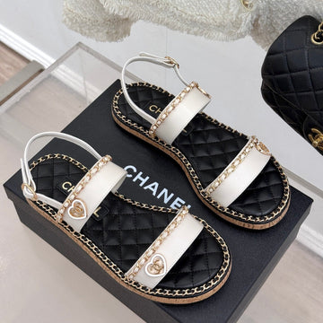 Flat Chain Heart Sandal In White Lambskin