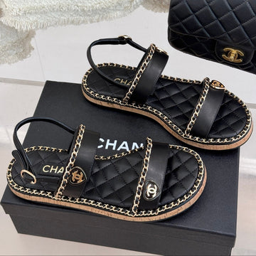 Flat Chain Heart Sandal In Black Lambskin