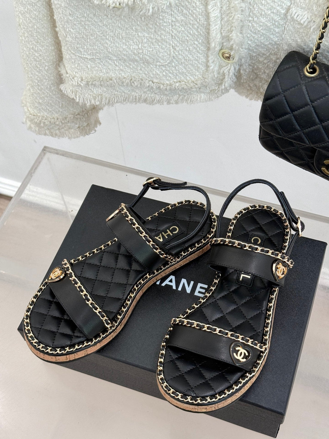 Flat Chain Heart Sandal In Black Lambskin