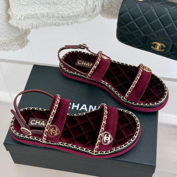 Flat Chain Heart Sandal In Plum Purple Velvet