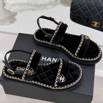 Flat Chain Heart Sandal In Black Velvet