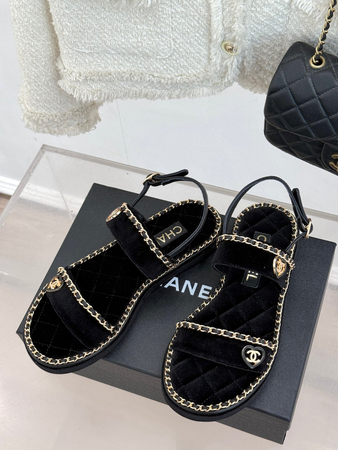 Flat Chain Heart Sandal In Black Velvet