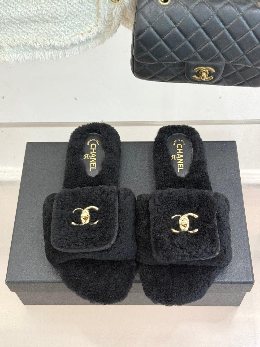 Chanel 25 Buckle Flip-Up Thick-Soled Slippers Black Wool 465380