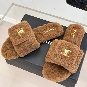 Chanel 25 Buckle Flip-Up Thick-Soled Slippers Brown Wool 465381