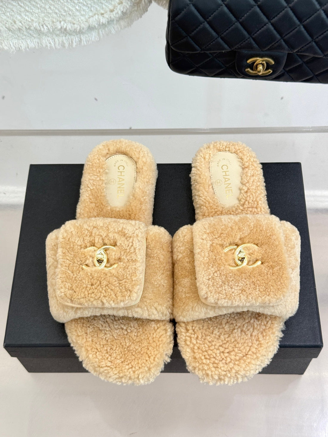 Chanel 25 Buckle Flip-Up Thick-Soled Slippers Beige Wool 465382