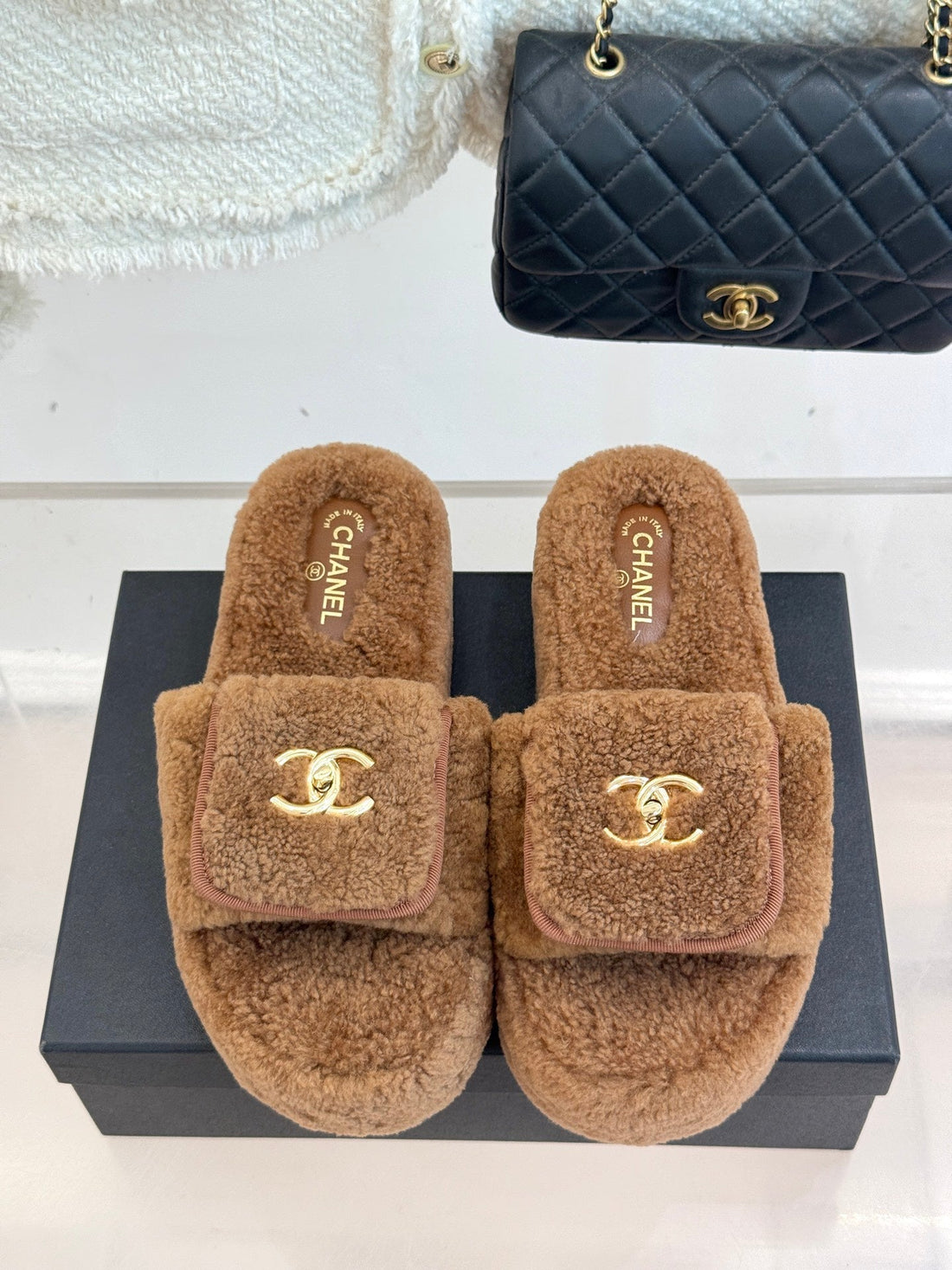 Chanel 25 Buckle Flip-Up Thick-Soled Slippers Brown Wool 465384