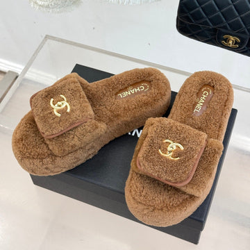 Chanel 25 Buckle Flip-Up Thick-Soled Slippers Brown Wool 465384
