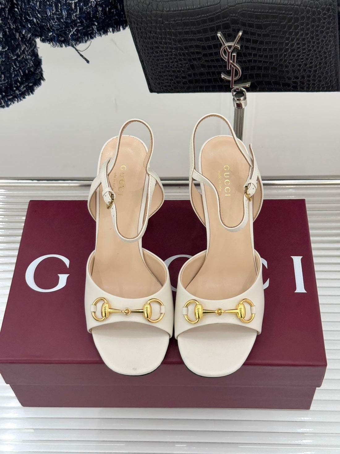 GG 26WF Chunky Heel Sandals 5CM Mystic White Sheepskin 632557