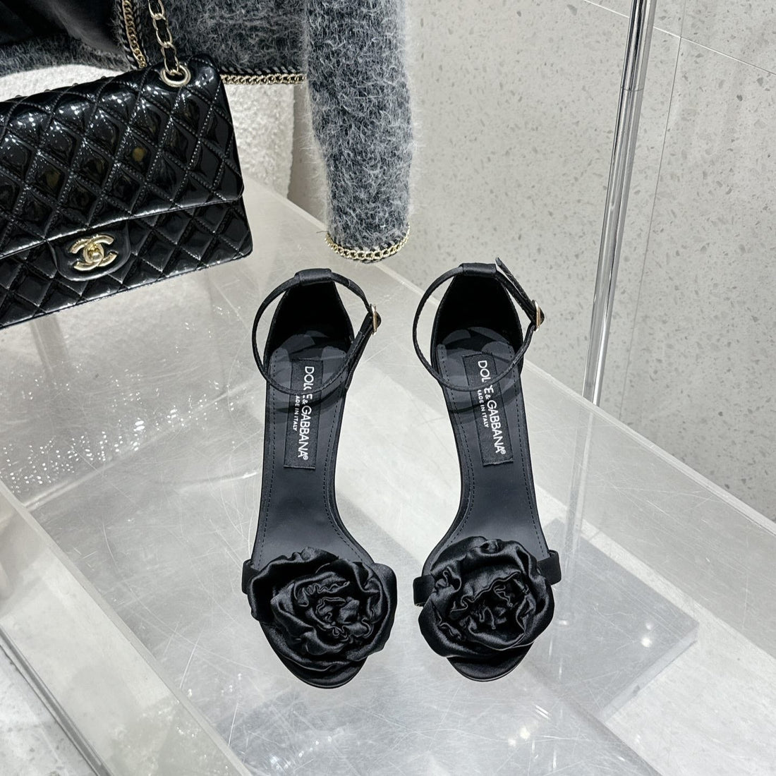 Dc Flower High Heel Sandals 105MM Black Satin & Sheepskin 359507