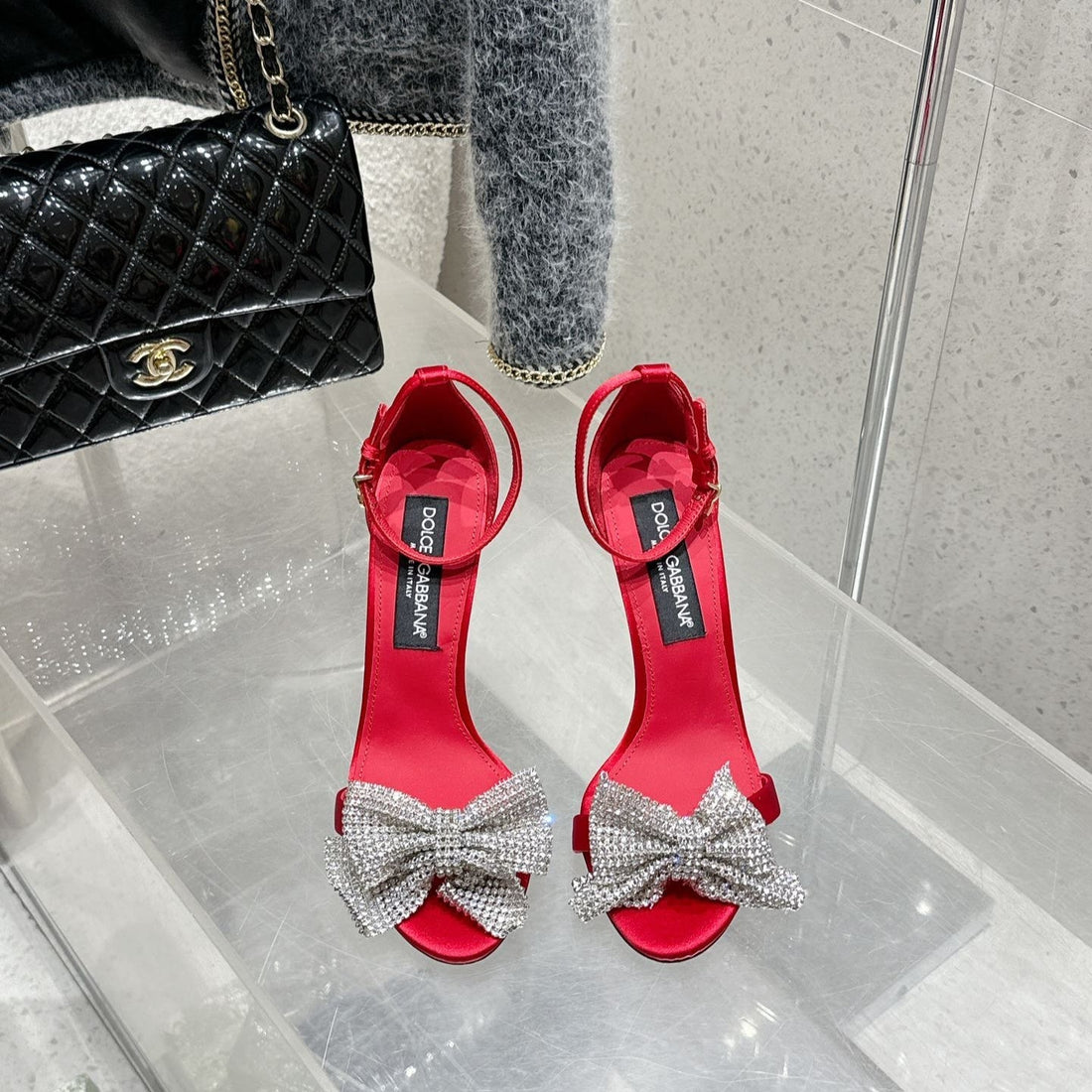 Dc Rhinestone Bow Heel Sandals 105MM Red Satin & Sheepskin 359508