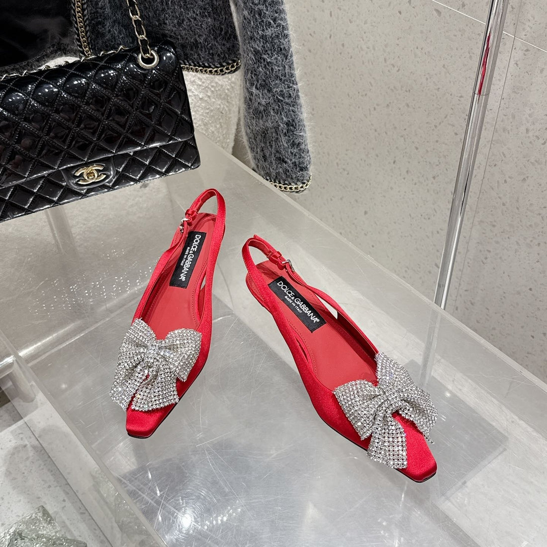 Dc 25 Rhinestone Bow Slingback Pumps 40MM Red Silk & Sheepskin Sheepskin 359512
