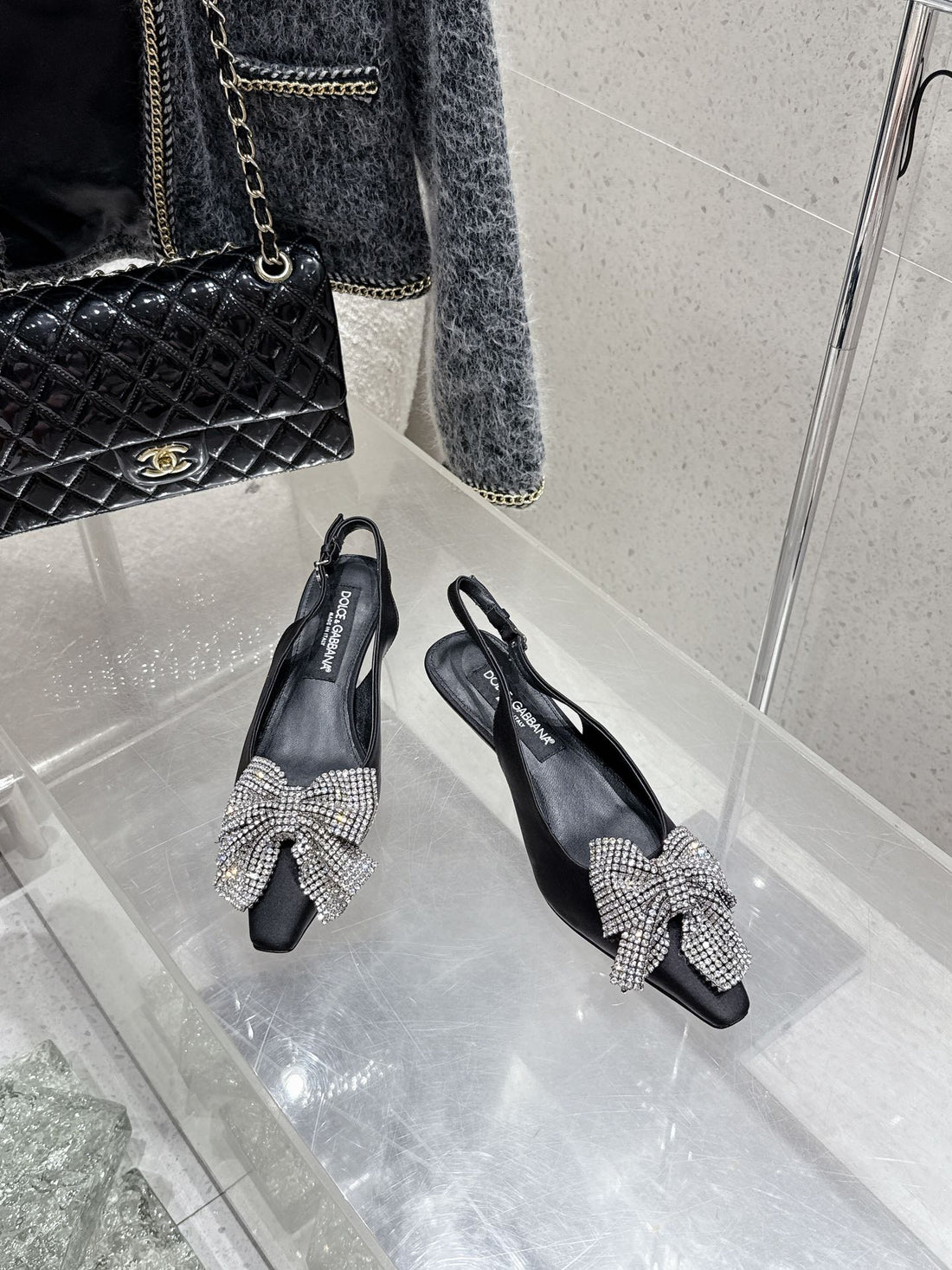 Dc 25 Rhinestone Bow Slingback Pumps 40MM Black Silk & Sheepskin 359513
