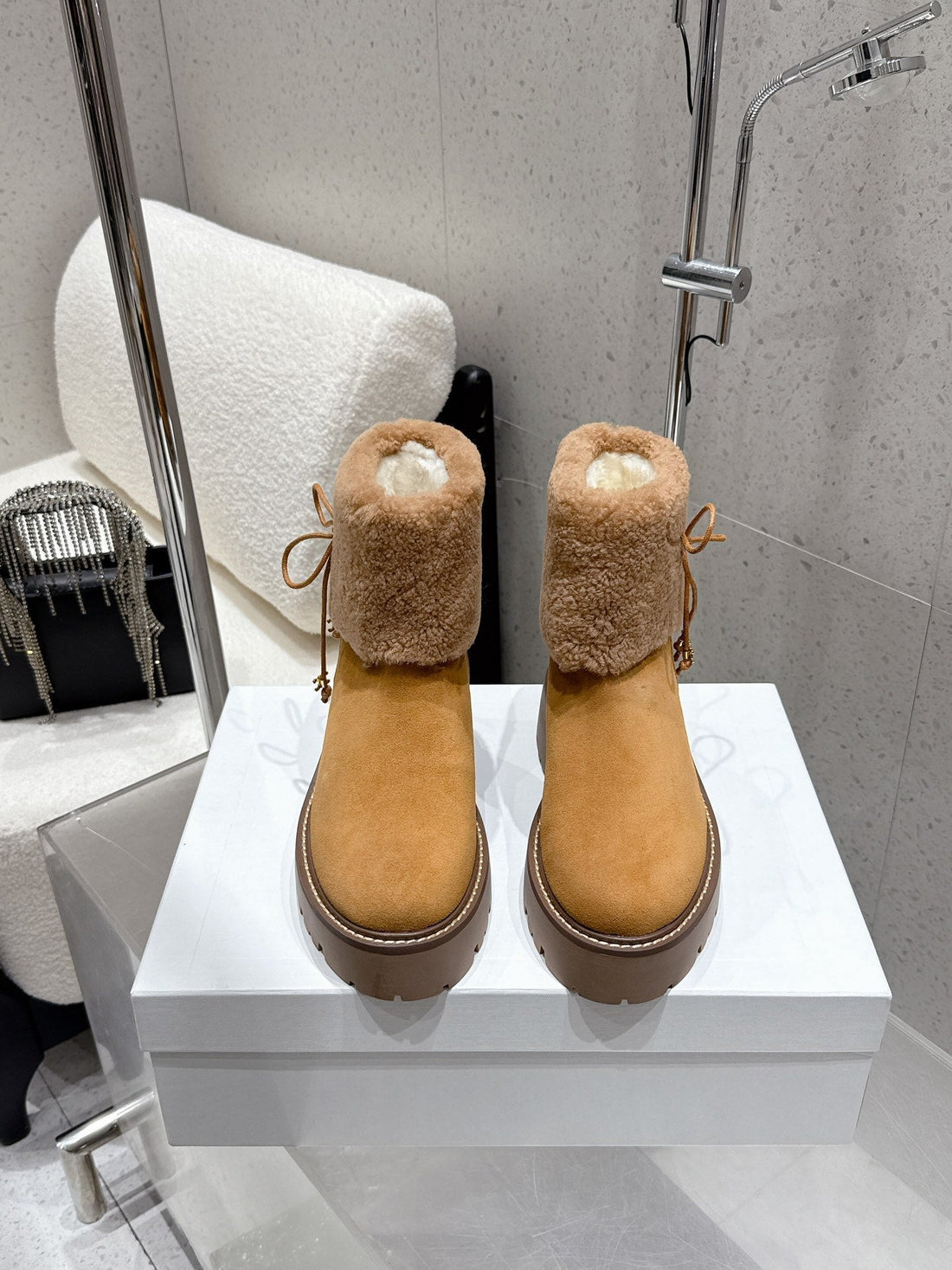 Celine 25 Fur-Lined Ankle Boot Tan Suede Wool 554185