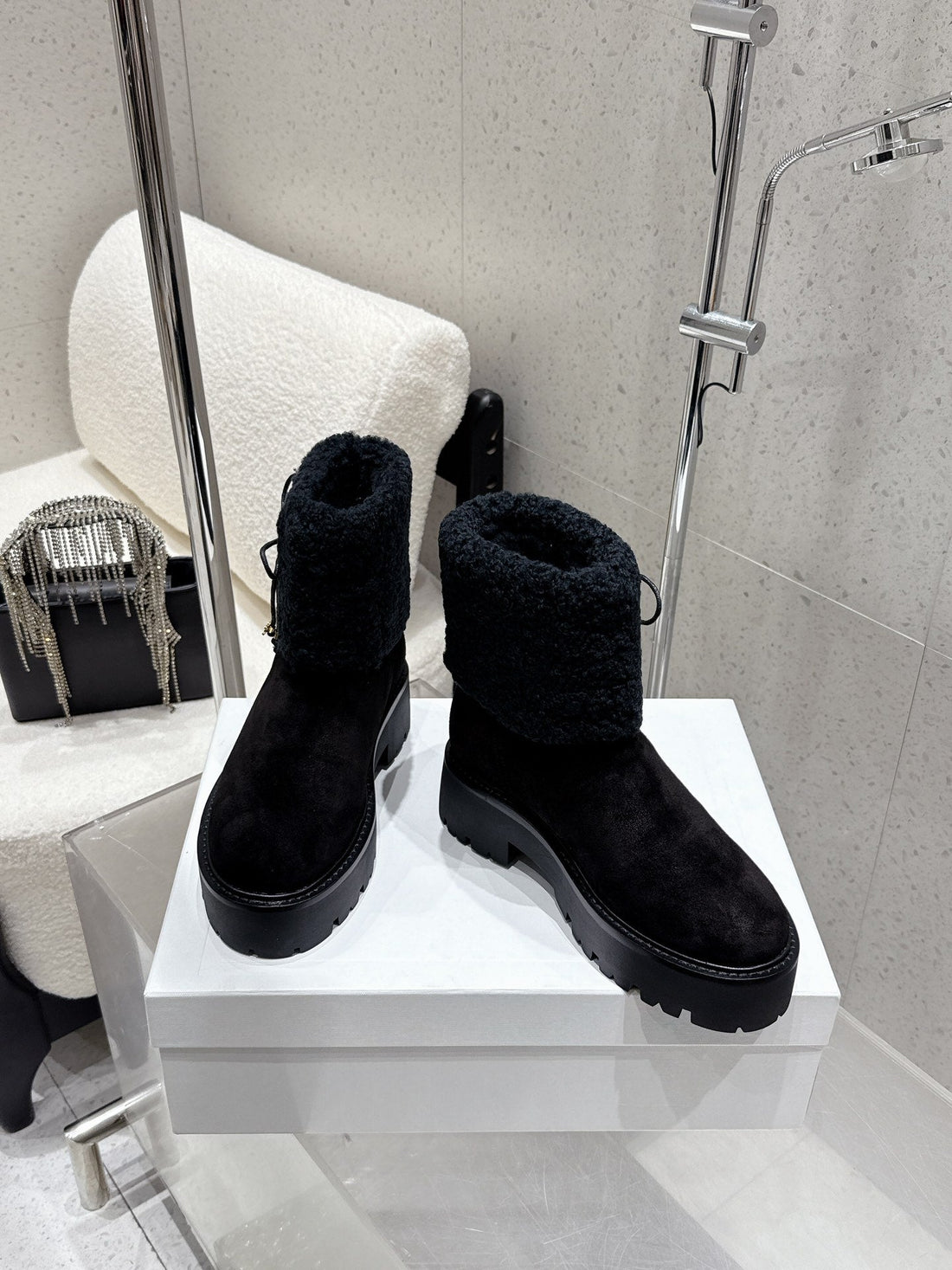 Celine 25 Fur-Lined Ankle Boot Black Suede Wool 554186