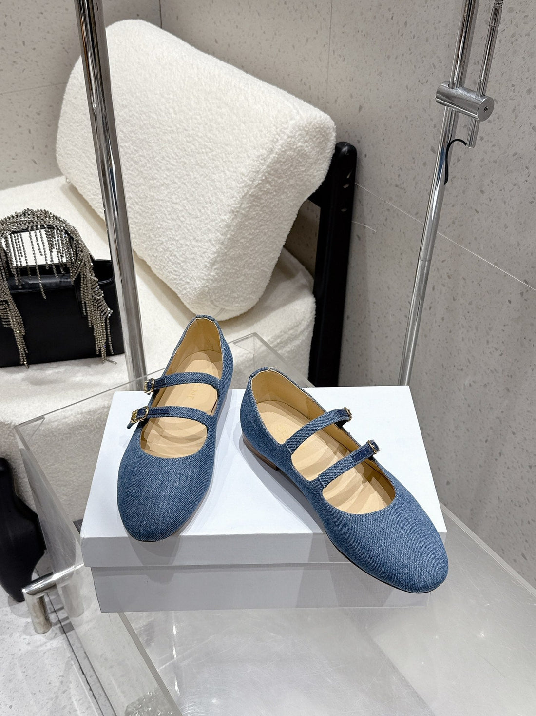Celine 25 Ballet Flat Leopard Denim Fabric Mix Cowhide 554200