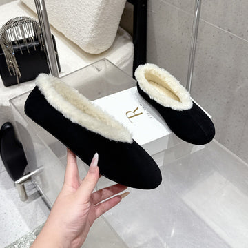 The Row 25SS Ballet Flat Black Nubuck Leather Fur 554385