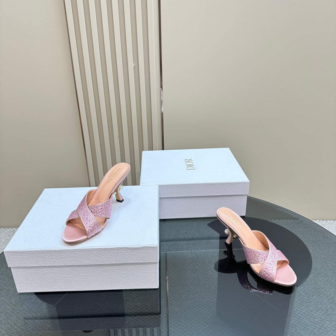CD Tribales Heeled Slide 80MM Light Pink Lambskin And Studded With Stones