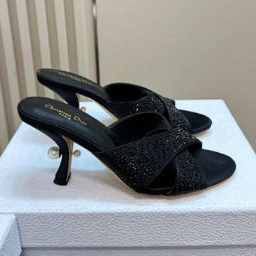 CD Tribales Heeled Slide 80MM Black Lambskin And Studded With Stones