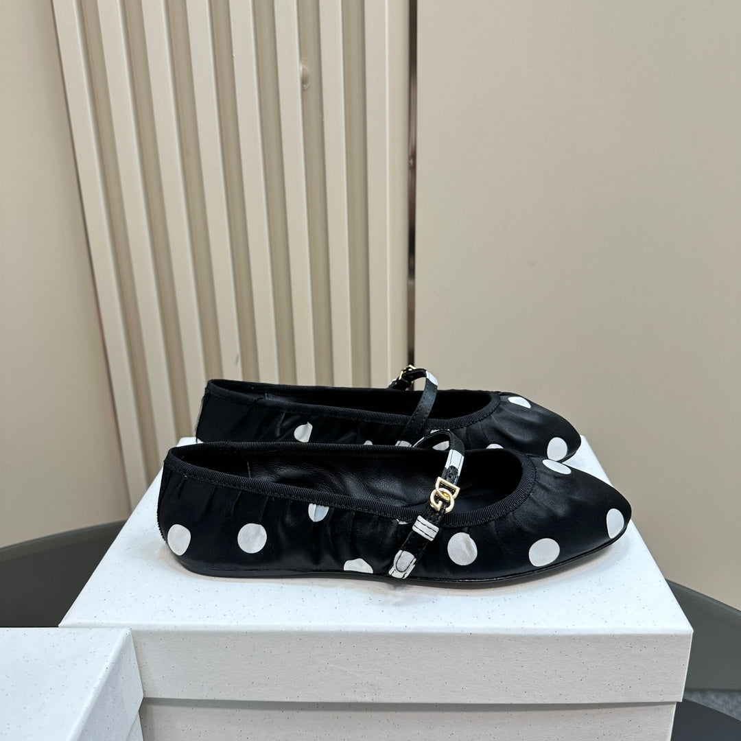 Dc Polka-Dot Ballet Flats Black White Sheepskin & Silk 999234
