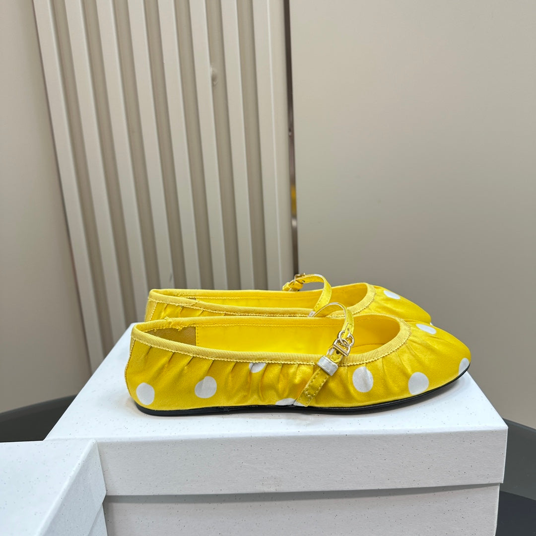 Dc Polka-Dot Ballet Flats Yellow White Sheepskin & Silk 999236