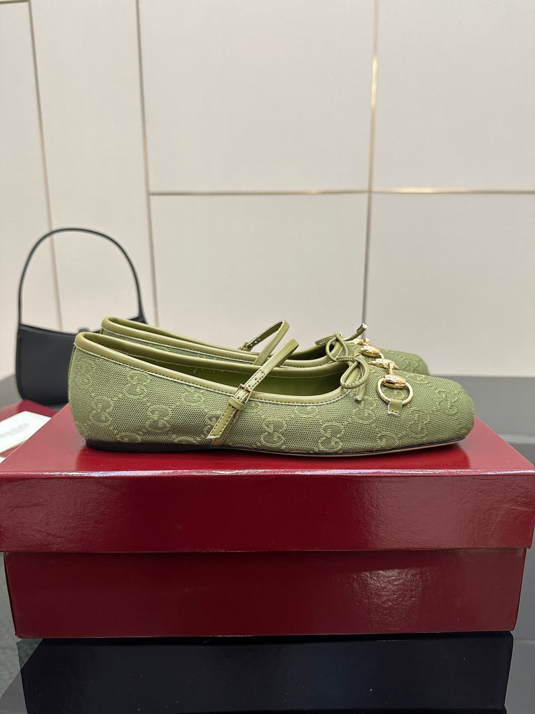 Gc 25 Horsebit Ballet Flat Green Monogram Canvas