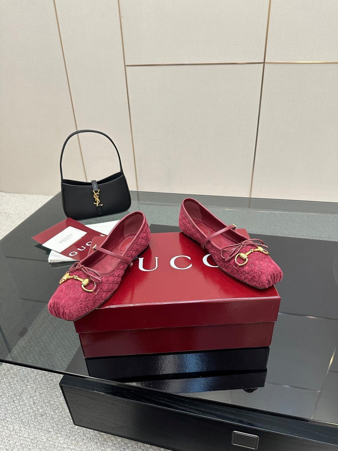 Gc 25 Horsebit Ballet Flat Dark Red Monogram Suede
