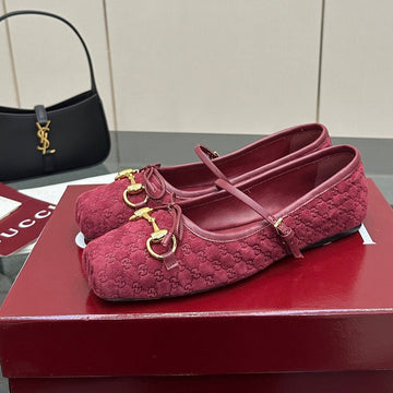Gc 25 Horsebit Ballet Flat Dark Red Monogram Suede
