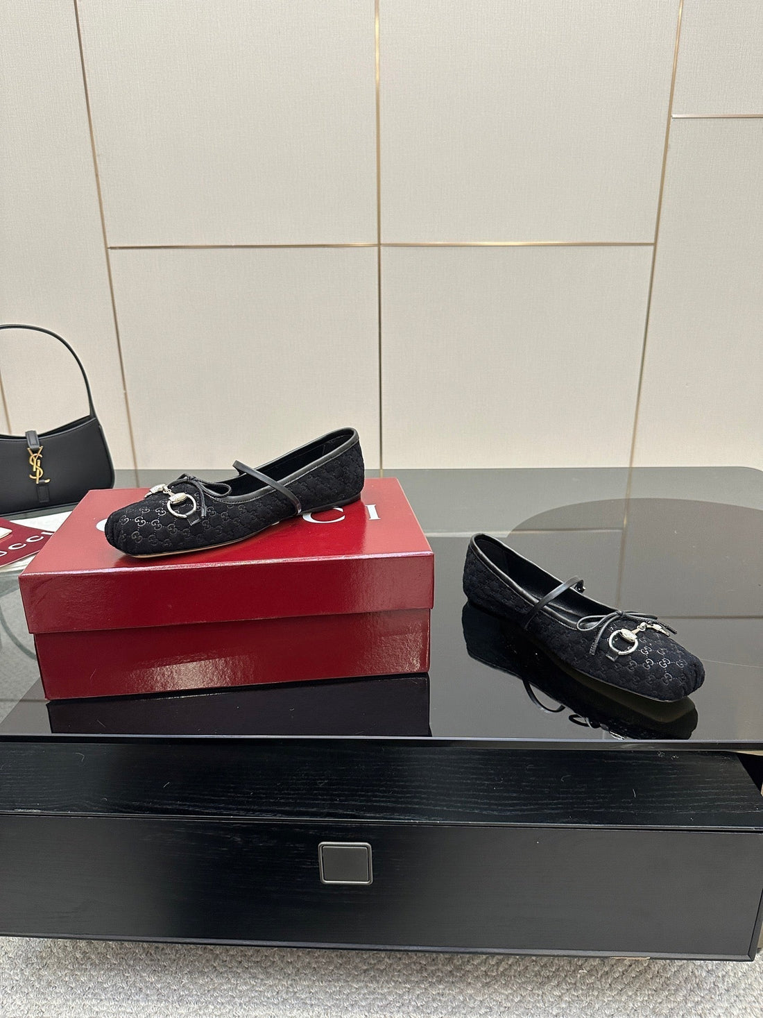 Gc 25 Horsebit Ballet Flat Black Monogram Suede