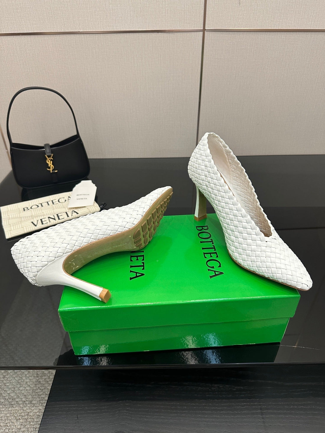 Bv Sofia Pump 90MM White Intreccio Leather 427650