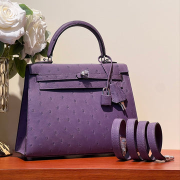Kelly Sellier 25 Bag In Royal Purple Ostrich Leather With Silver Hardware (made - To - Oder)