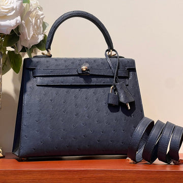 Kelly Sellier 25 Bag In Prussian Blue Ostrich Leather With Gold Hardware (made - To - Oder)
