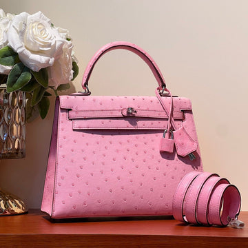 Kelly Sellier 25 Bag In Doll Pink Ostrich Leather With Silver Hardware (made - To - Oder)