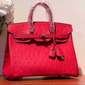 Kelly Sellier 25 Bag In Classic Red Ostrich Leather With Gold Hardware (made - To - Oder)