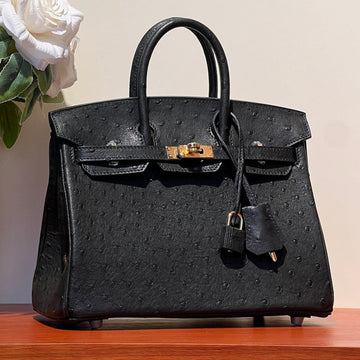 Kelly Sellier 25 Bag In Black Ostrich Leather With Gold Hardware (made - To - Oder)