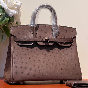 Kelly Sellier 25 Bag In Peacan Brown Ostrich Leather With Gold Rhinstones (made - To - Oder)