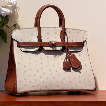 Kelly Sellier 25 Bag In White Mix Red Brown Ostrich Leather (made - To - Oder)