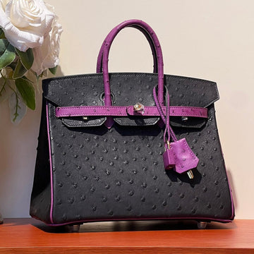 Kelly Sellier 25 Bag In Black Mix Orchid Purple Ostrich Leather (made - To - Oder)