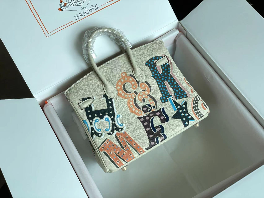Birkin 25 Bag In White Cream Calfskin With Colorful Sticker (made - To - Oder)