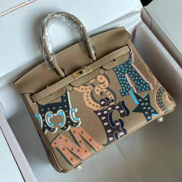 Birkin 25 Bag In Peanut Brown Calfskin With Colorful Sticker (made - To - Oder)