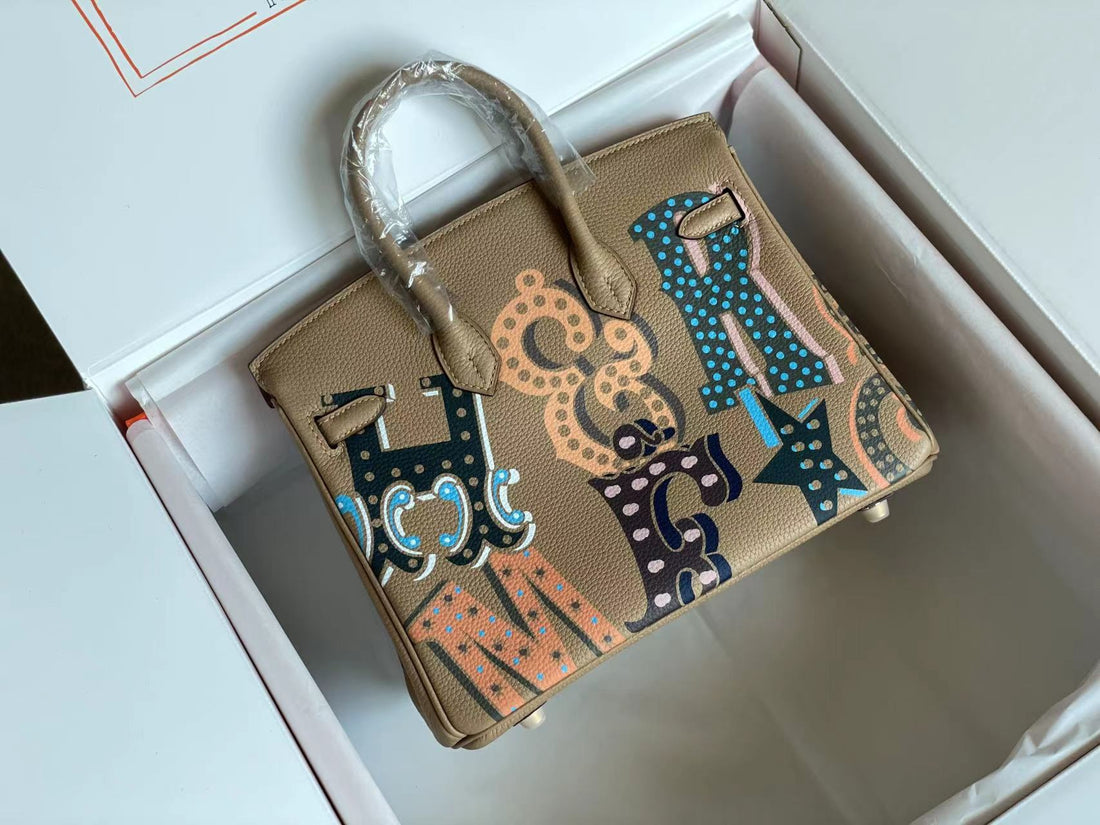Birkin 25 Bag In Peanut Brown Calfskin With Colorful Sticker (made - To - Oder)
