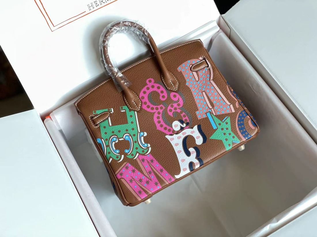 Birkin 25 Bag In Chocolate Brown Calfskin With Colorful Sticker (made - To - Oder)