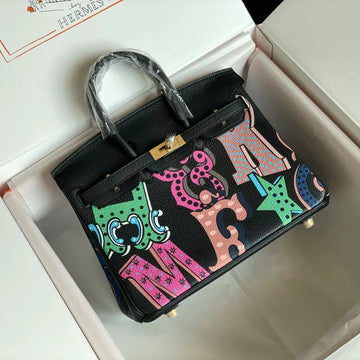 Birkin 25 Bag In Black Calfskin With Colorful Sticker (made - To - Oder)