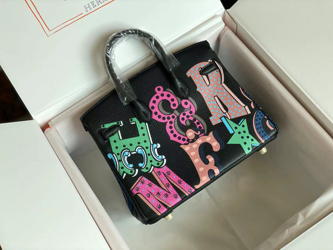 Birkin 25 Bag In Black Calfskin With Colorful Sticker (made - To - Oder)