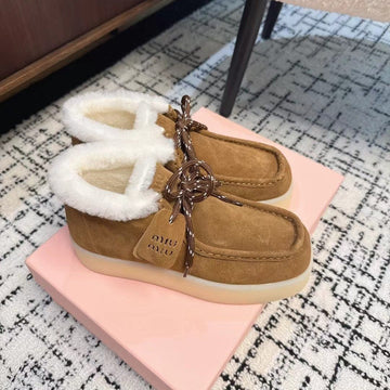 Miu Ankle Boots Brown Yellow Fleece Lining Cow Suede