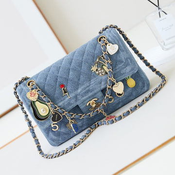 CC 24K Flap Bag 20CM Multi Charm Blue Denim Gold Hardware