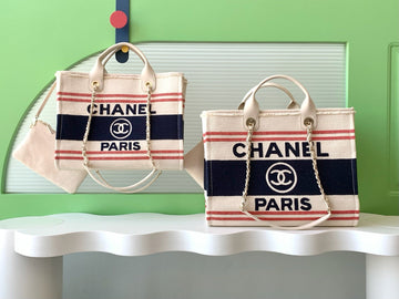 CC 25C Tote Bag Beige Navy Blue Canvas Fabric 238518