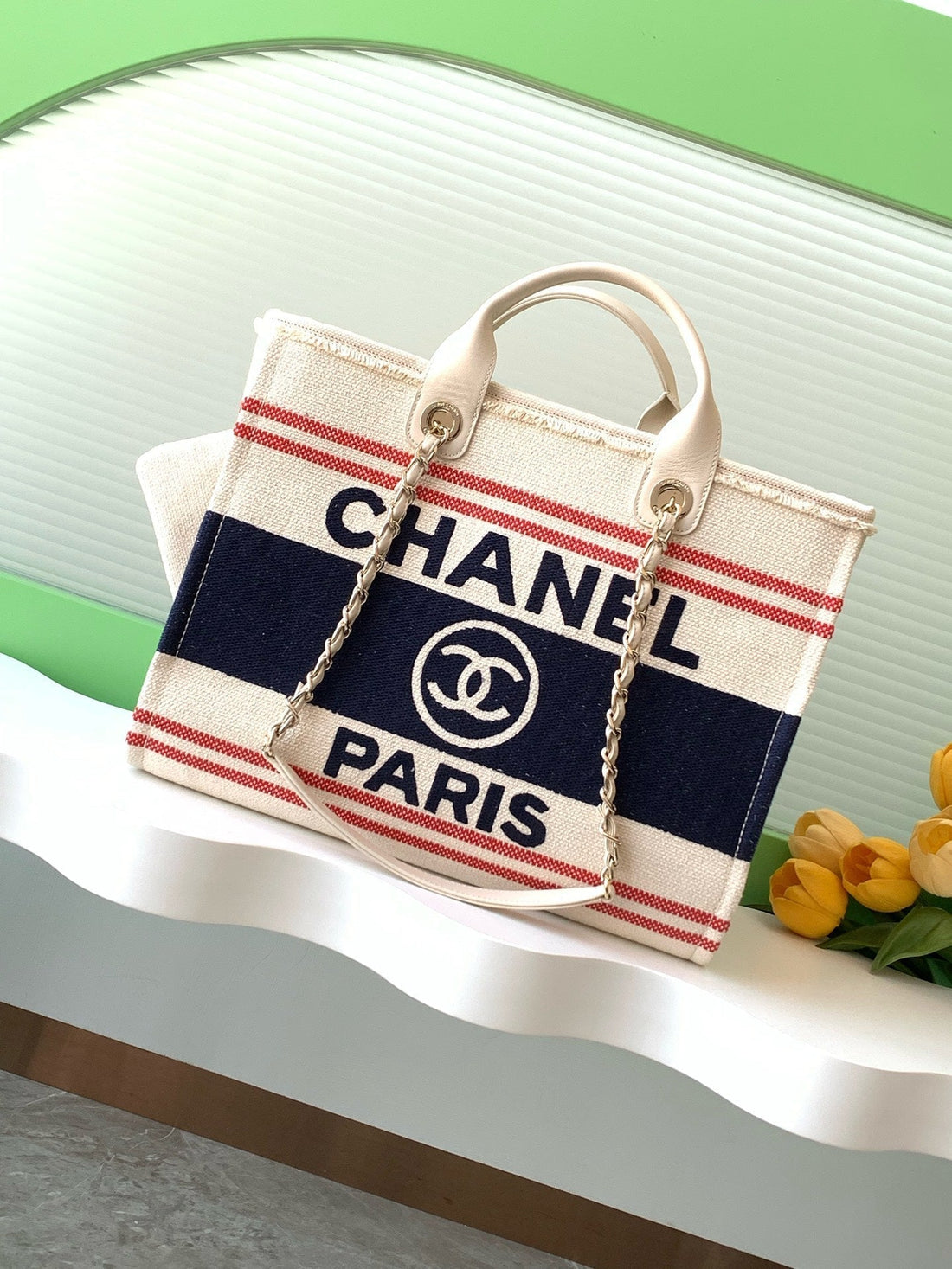 CC 25C Tote Bag Beige Navy Blue Canvas Fabric 238518